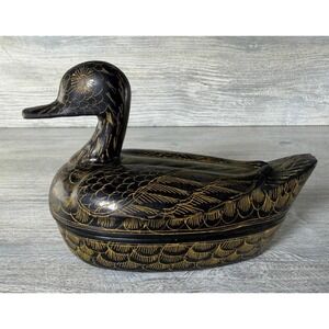 Vtg Duck Etched Lacquerware Trinket Box Container Hand Painted Thailand 5" *READ